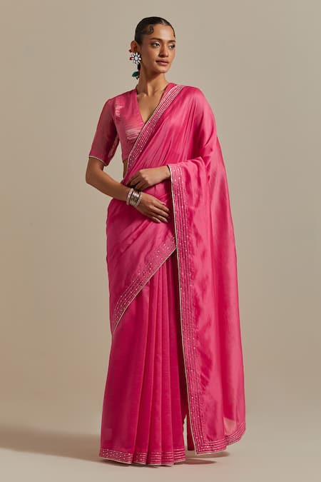 Vinusto Pink Handwoven Chanderi Embroidered Lace V-neck Saree With Zari Striped Blouse 