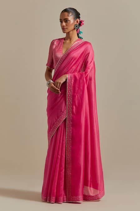 Shop Vinusto Pink , Silk, Handloom Handwoven Saree With Zari Striped Blouse Online at Aza Fashions Shop_Vinusto_Pink , Silk, Handloom Handwoven Saree With Zari Striped Blouse _Online_at_Aza_Fashions