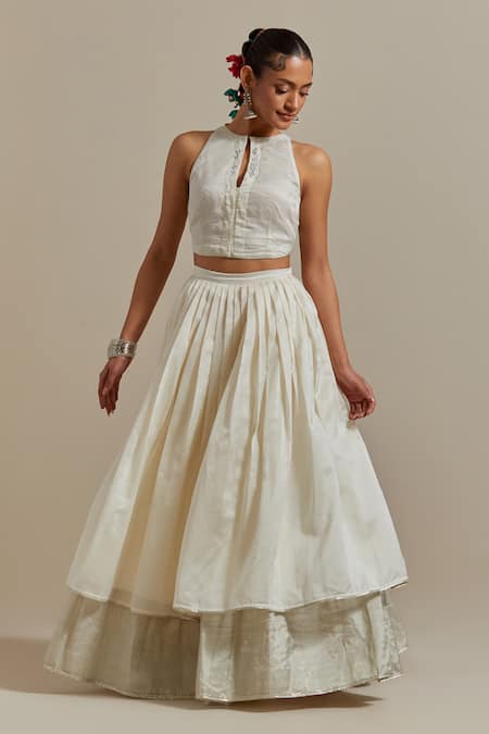 Vinusto_Multi Color Chanderi, Silk Embroidery, Handwoven Layered Lehenga Blouse Set _Online_at_Aza_Fashions