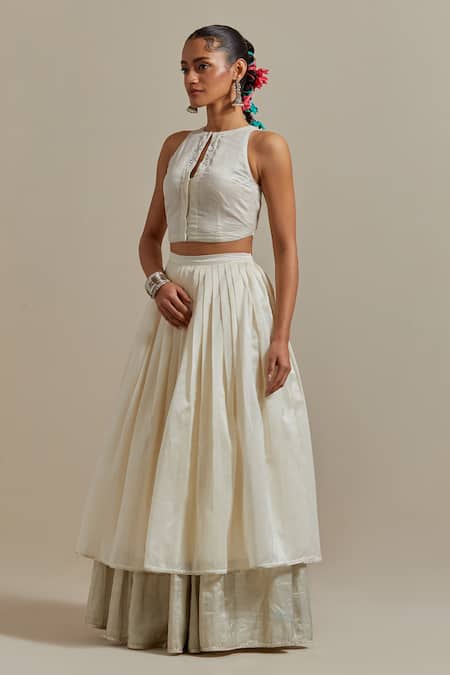 Shop_Vinusto_Multi Color Chanderi, Silk Embroidery, Handwoven Layered Lehenga Blouse Set _Online_at_Aza_Fashions