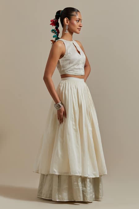 Vinusto_Multi Color Chanderi, Silk Embroidery, Handwoven Layered Lehenga Blouse Set _at_Aza_Fashions