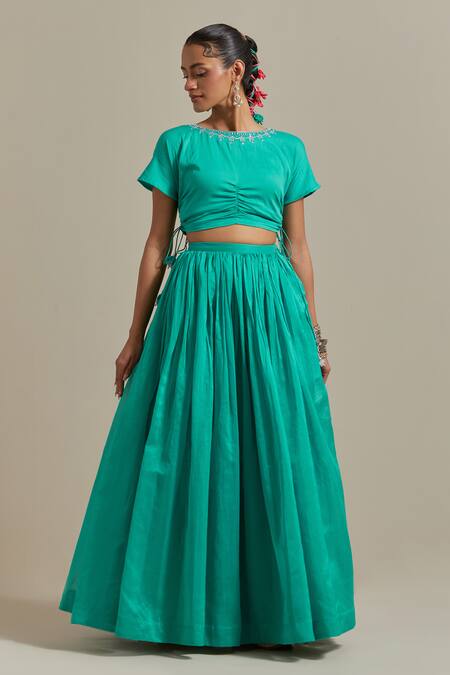 Vinusto Blue Chanderi, Handloom , Handwoven Gathered Lehenga Blouse Set Online at Aza Fashions Vinusto_Blue Chanderi, Handloom , Handwoven Gathered Lehenga Blouse Set _Online_at_Aza_Fashions