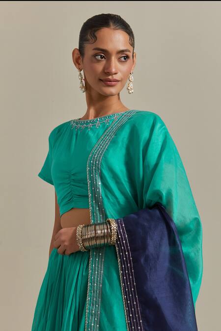 Shop Vinusto Blue Chanderi, Handloom , Handwoven Gathered Lehenga Blouse Set Online at Aza Fashions Shop_Vinusto_Blue Chanderi, Handloom , Handwoven Gathered Lehenga Blouse Set _Online_at_Aza_Fashions