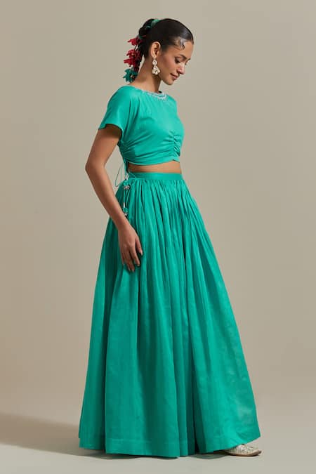 Vinusto Blue Chanderi, Handloom , Handwoven Gathered Lehenga Blouse Set at Aza Fashions Vinusto_Blue Chanderi, Handloom , Handwoven Gathered Lehenga Blouse Set _at_Aza_Fashions