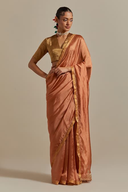 Vinusto Brown Handwoven Pattu Silk Embroidered Floral Placement Saree With Blouse 