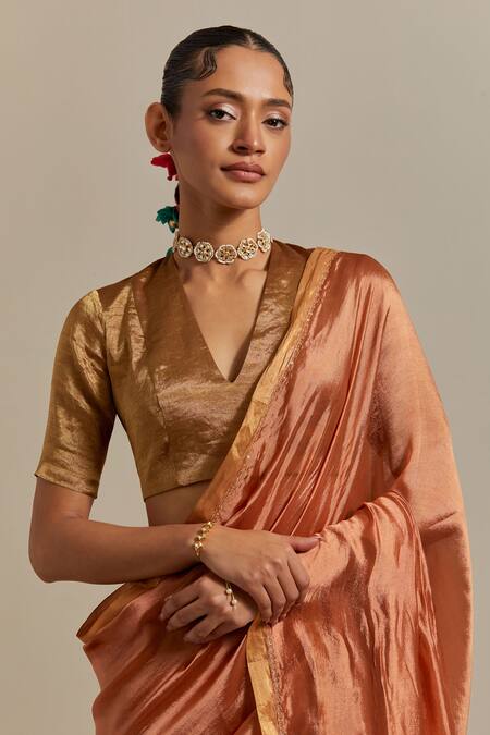 Shop_Vinusto_Brown Silk Embroidery V-neck Handwoven Placement Saree With Blouse _Online_at_Aza_Fashions