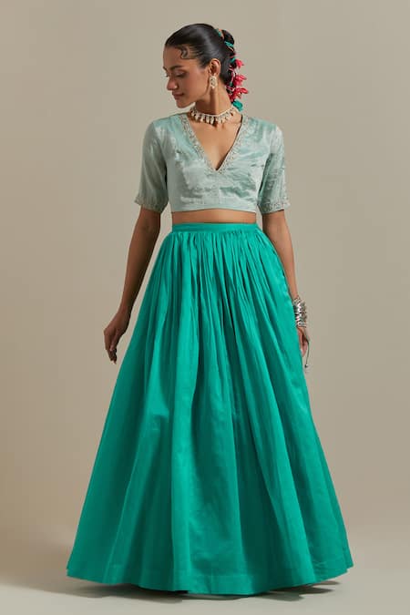 Vinusto_Blue Handloom Cotton, Silk, Handwoven Gathered Lehenga With Zardozi Blouse _Online_at_Aza_Fashions