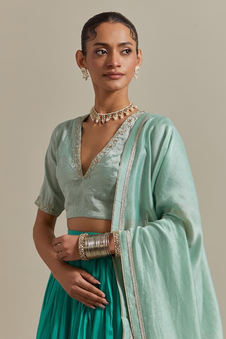 Buy_Vinusto_Blue Handloom Cotton, Silk, Handwoven Gathered Lehenga With Zardozi Blouse _Online_at_Aza_Fashions