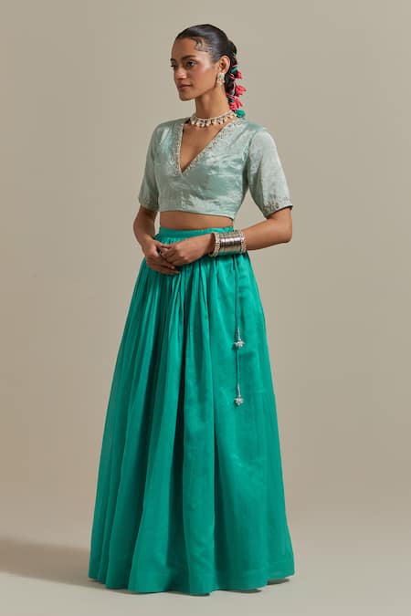 Shop_Vinusto_Blue Handloom Cotton, Silk, Handwoven Gathered Lehenga With Zardozi Blouse _Online_at_Aza_Fashions