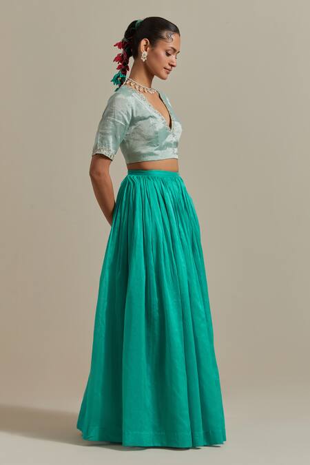 Vinusto_Blue Handloom Cotton, Silk, Handwoven Gathered Lehenga With Zardozi Blouse _at_Aza_Fashions