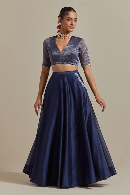 Vinusto Blue Handloom Cotton, Chanderi Sequins, Zari, Embroidered Panelled Lehenga Set Online at Aza Fashions Vinusto_Blue Handloom Cotton, Chanderi Sequins, Zari, Embroidered Panelled Lehenga Set _Online_at_Aza_Fashions