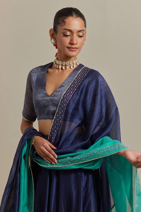 Shop Vinusto Blue Handloom Cotton, Chanderi Sequins, Zari, Embroidered Panelled Lehenga Set Online at Aza Fashions Shop_Vinusto_Blue Handloom Cotton, Chanderi Sequins, Zari, Embroidered Panelled Lehenga Set _Online_at_Aza_Fashions