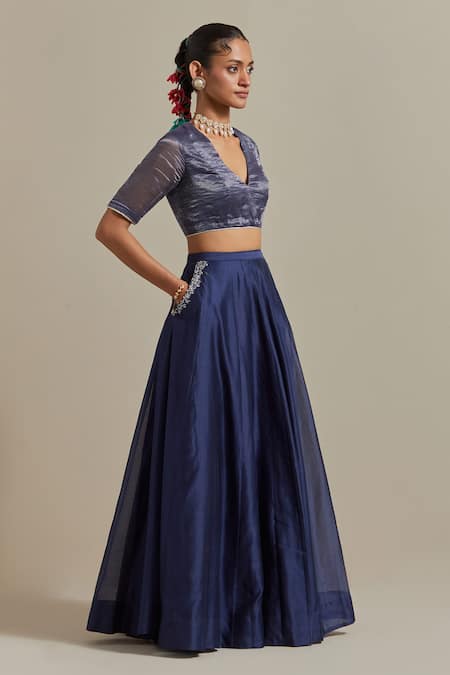 Vinusto Blue Handloom Cotton, Chanderi Sequins, Zari, Embroidered Panelled Lehenga Set at Aza Fashions Vinusto_Blue Handloom Cotton, Chanderi Sequins, Zari, Embroidered Panelled Lehenga Set _at_Aza_Fashions