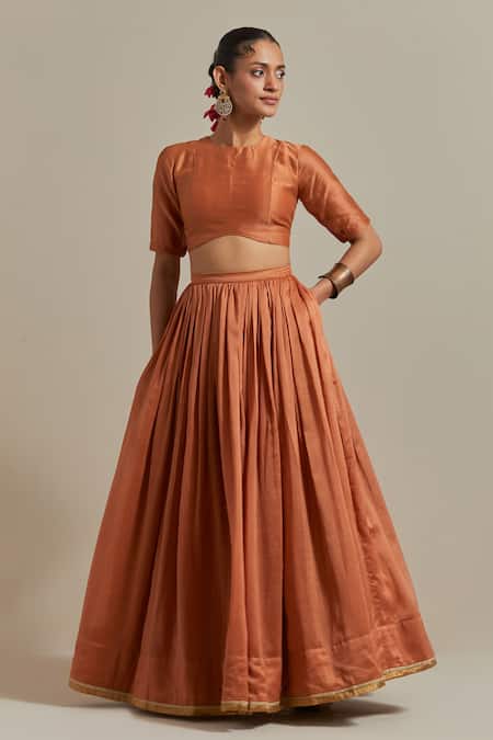 Vinusto_Brown , Silk Lace, Handwoven Lehenga And Embroidered Dupatta Set _Online_at_Aza_Fashions