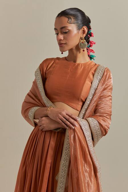 Buy_Vinusto_Brown , Silk Lace, Handwoven Lehenga And Embroidered Dupatta Set _Online_at_Aza_Fashions