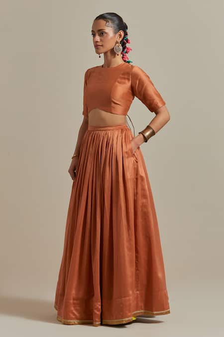 Shop_Vinusto_Brown , Silk Lace, Handwoven Lehenga And Embroidered Dupatta Set _Online_at_Aza_Fashions