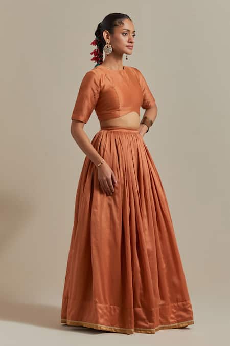 Vinusto_Brown , Silk Lace, Handwoven Lehenga And Embroidered Dupatta Set _at_Aza_Fashions