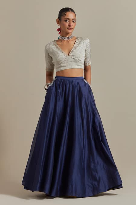 Vinusto Blue Handloom Cotton, , Silk Panelled Lehenga Blouse Set Online at Aza Fashions Vinusto_Blue Handloom Cotton, , Silk Panelled Lehenga Blouse Set _Online_at_Aza_Fashions