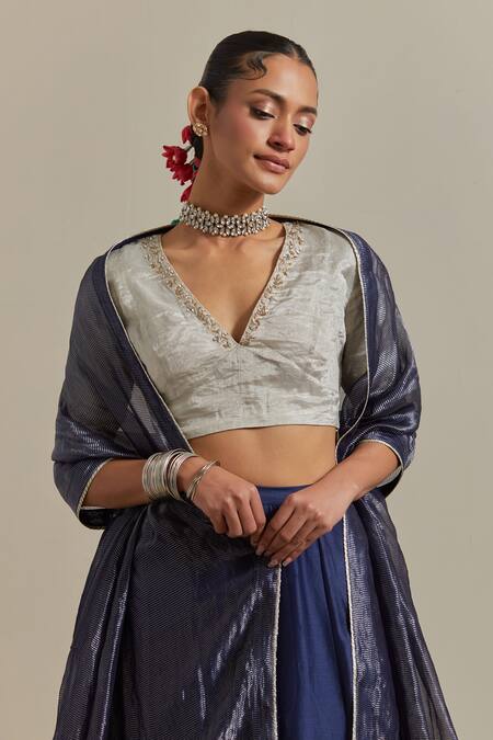 Shop Vinusto Blue Handloom Cotton, , Silk Panelled Lehenga Blouse Set Online at Aza Fashions Shop_Vinusto_Blue Handloom Cotton, , Silk Panelled Lehenga Blouse Set _Online_at_Aza_Fashions