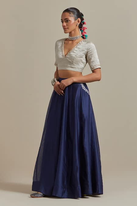 Vinusto Blue Handloom Cotton, , Silk Panelled Lehenga Blouse Set at Aza Fashions Vinusto_Blue Handloom Cotton, , Silk Panelled Lehenga Blouse Set _at_Aza_Fashions