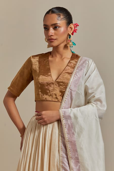 Shop_Vinusto_Ivory Chanderi, Silk Lace V-neck Handwoven Gathered Lehenga And Blouse Set _Online_at_Aza_Fashions