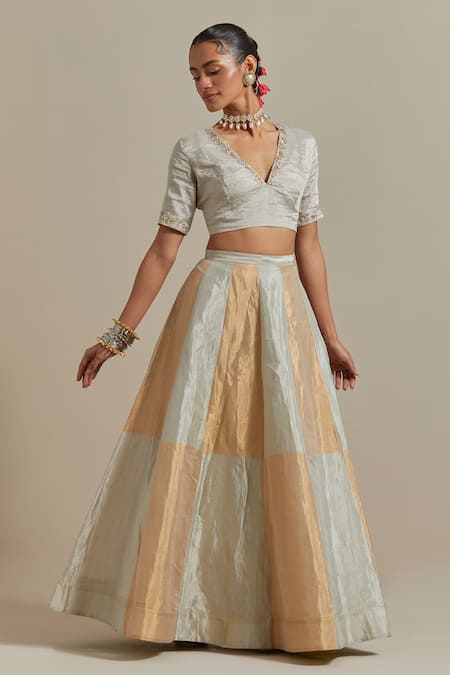 Vinusto Silver Tissue, Handloom Cotton Embroidery, Zari Color Blocked Lehenga Blouse Set Online at Aza Fashions Vinusto_Silver Tissue, Handloom Cotton Embroidery, Zari Color Blocked Lehenga Blouse Set _Online_at_Aza_Fashions