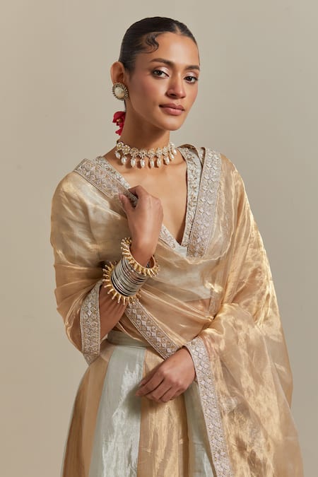 Shop Vinusto Silver Tissue, Handloom Cotton Embroidery, Zari Color Blocked Lehenga Blouse Set Online at Aza Fashions Shop_Vinusto_Silver Tissue, Handloom Cotton Embroidery, Zari Color Blocked Lehenga Blouse Set _Online_at_Aza_Fashions