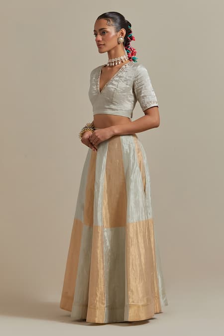 Vinusto Silver Tissue, Handloom Cotton Embroidery, Zari Color Blocked Lehenga Blouse Set at Aza Fashions Vinusto_Silver Tissue, Handloom Cotton Embroidery, Zari Color Blocked Lehenga Blouse Set _at_Aza_Fashions