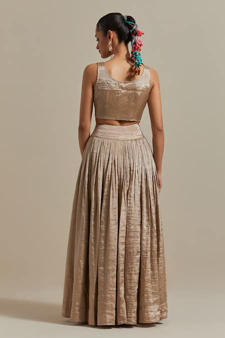 Vinusto Embroidered Handwoven Lehenga & Color Blocked Dupatta Set 