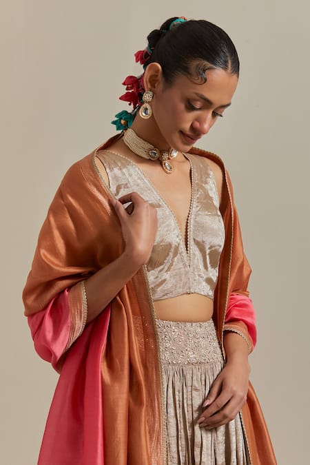 Vinusto_Multi Color Chanderi, Embroidered Handwoven Lehenga And Blocked Dupatta Set _Online_at_Aza_Fashions