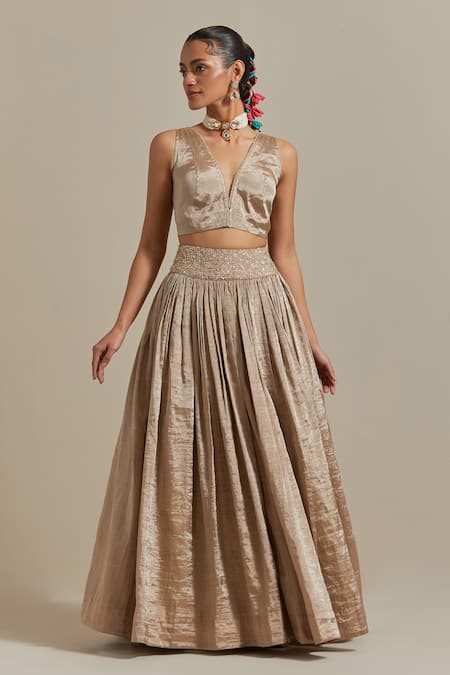 Buy_Vinusto_Multi Color Chanderi, Embroidered Handwoven Lehenga And Blocked Dupatta Set _Online_at_Aza_Fashions