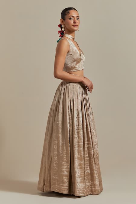 Vinusto_Multi Color Chanderi, Embroidered Handwoven Lehenga And Blocked Dupatta Set _at_Aza_Fashions