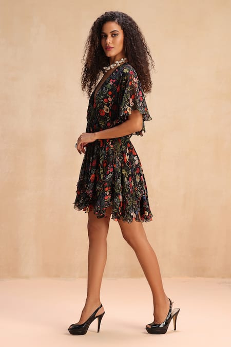 Payal Jain_Black Georgette Botanic Plunge V Neck Reba Pattern Ruffled Playsuit _Online_at_Aza_Fashions