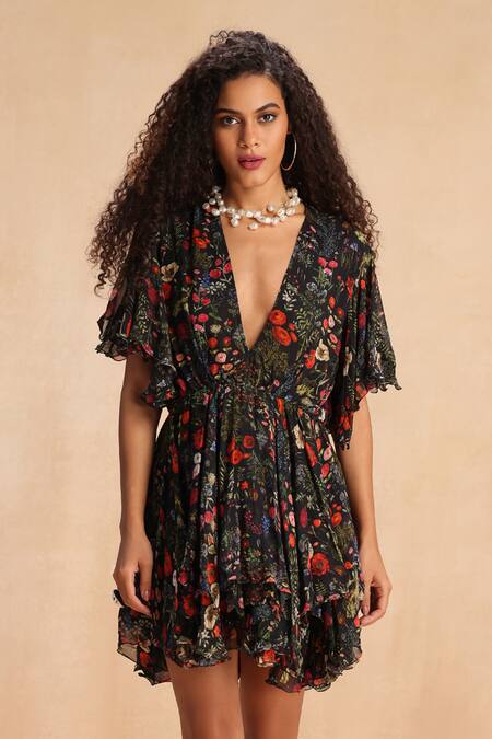 Buy_Payal Jain_Black Georgette Botanic Plunge V Neck Reba Pattern Ruffled Playsuit _Online_at_Aza_Fashions