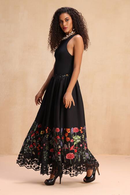 Buy_Payal Jain_Black Neoprene Applique, Botanic Nevada Placed Patterned Skirt _Online_at_Aza_Fashions
