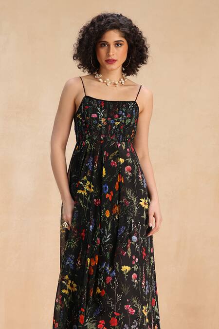 Payal Jain_Black Neoprene Lace, Beads Square Neck Botanic Patterned Maxi Dress _Online_at_Aza_Fashions