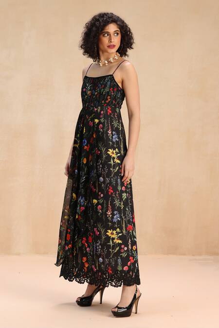 Buy_Payal Jain_Black Neoprene Lace, Beads Square Neck Botanic Patterned Maxi Dress _Online_at_Aza_Fashions