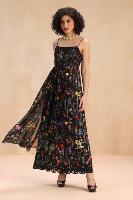 Shop_Payal Jain_Black Neoprene Lace, Beads Square Neck Botanic Patterned Maxi Dress _Online_at_Aza_Fashions