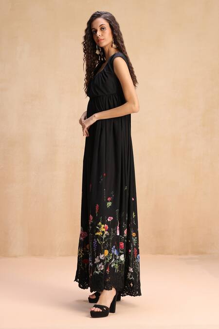 Payal Jain_Black Crepe Embroidery, Lace, Beads Embellished Maxi Dress With Botanic Patterns _Online_at_Aza_Fashions