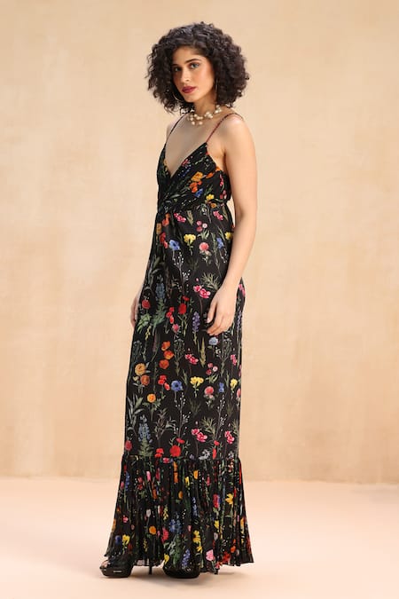Payal Jain_Black Neoprene V-neck Plunge V Botanic Maxi Dress _Online_at_Aza_Fashions
