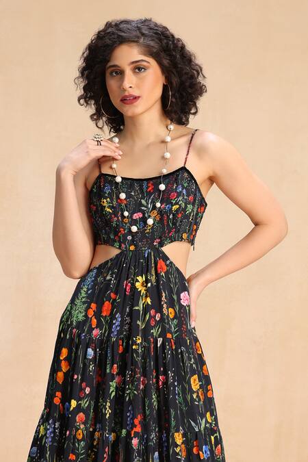 Payal Jain_Black Satin Beads Square Neck Botanic Patterned Cut-out Maxi Dress _Online_at_Aza_Fashions