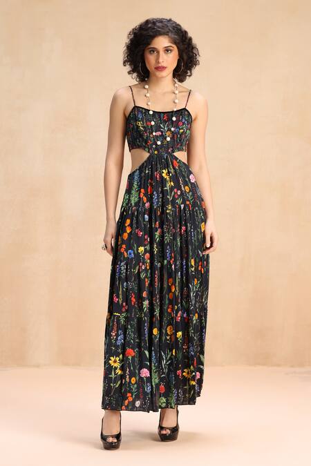 Buy_Payal Jain_Black Satin Beads Square Neck Botanic Patterned Cut-out Maxi Dress _Online_at_Aza_Fashions
