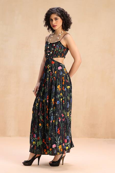 Shop_Payal Jain_Black Satin Beads Square Neck Botanic Patterned Cut-out Maxi Dress _Online_at_Aza_Fashions