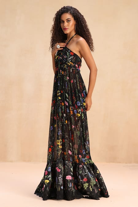 Buy_Payal Jain_Black Viscose Georgette Botanic Halter Neck Fara Patterned Dress _Online_at_Aza_Fashions