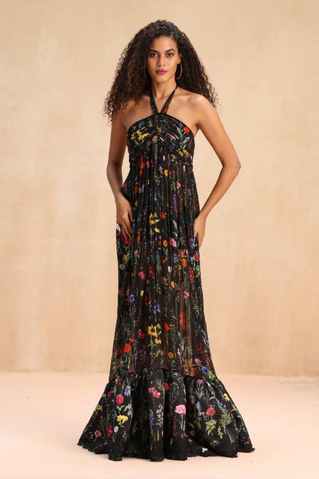 Shop_Payal Jain_Black Viscose Georgette Botanic Halter Neck Fara Patterned Dress _Online_at_Aza_Fashions
