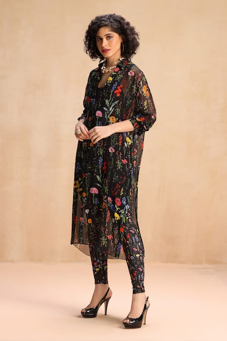 Payal Jain_Black Georgette Shawl Neck Botanic Patterned Shirt Tunic _Online_at_Aza_Fashions