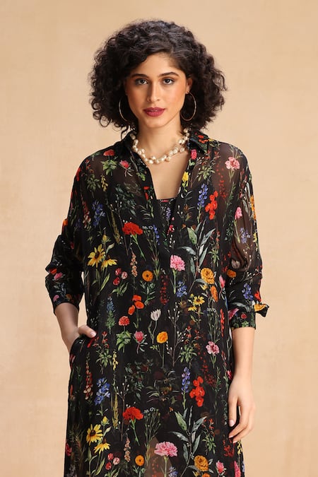 Buy_Payal Jain_Black Georgette Shawl Neck Botanic Patterned Shirt Tunic _Online_at_Aza_Fashions