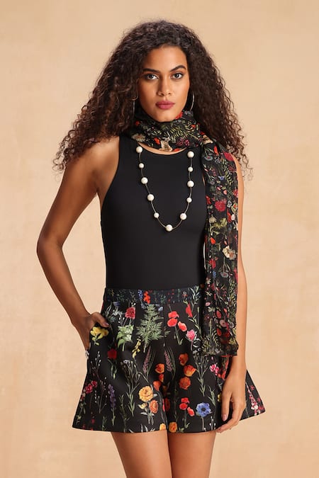 Buy_Payal Jain_Black Neoprene Botanic Barbi Patterned Shorts _Online_at_Aza_Fashions