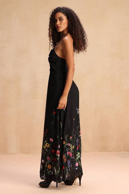 Buy_Payal Jain_Black Crystal Crepe Lace, Beads, Botanic Halter Neck Pearl Patterned Dress _Online_at_Aza_Fashions