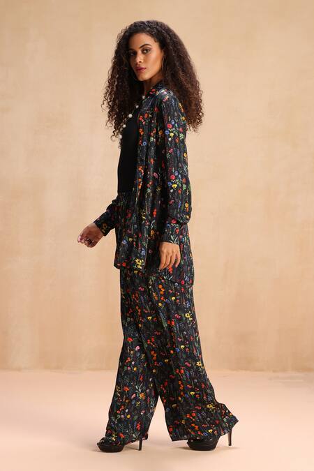 Payal Jain_Black Modal Satin Floral Collar Austin Print Shirt _Online_at_Aza_Fashions